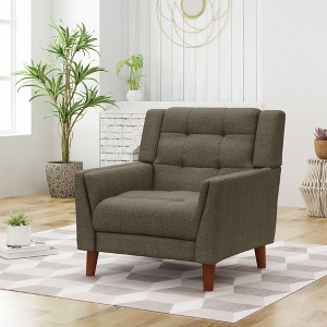 Mid-Century Modern Armchair with Tufted Waffle Stitch, Rubber Legs, and Engineered Wood Frame with Warm Finish - 1 of 4