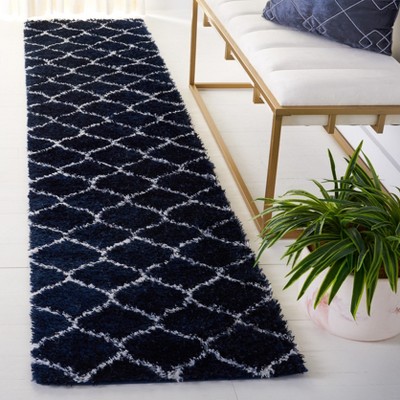Navy and White Geometric Shag Runner Rug 2' x 9'