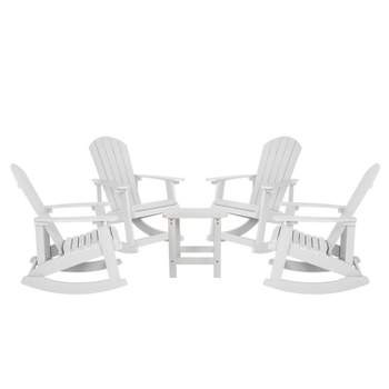 Flash Furniture Set of 4 Savannah All-Weather Poly Resin Wood Adirondack Rocking Chairs with Side Table