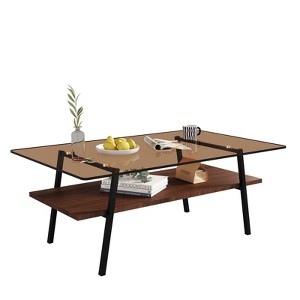 FONTOI Rectangle Coffee Table with Glass Tabletop, Modern Table for Living Room Bedroom Office, Brown, 22.84"*16.73"*38.58" - 1 of 4