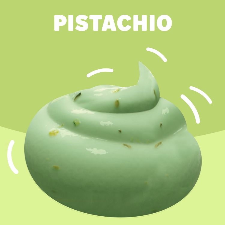 A swirl of light green colored pistachio pudding with small nut pieces, set against a green background with the word "PISTACHIO" above.