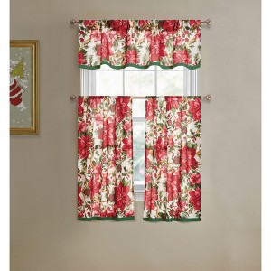 Kate Aurora Holiday Living Classic Poinsettia Complete 3 Piece Christmas Kitchen Curtain Tier & Valance Set - 58 in. W x 36 in. L - 1 of 2