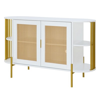 NicBex 47.2 Inch 2-Door Curved Storage Cabinet with Gold Trim and Woven Rattan Doors for Living Room,Kitchen,Hallway
