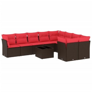 vidaXL 10 Piece Patio Sofa Set with Cushions Brown and Red - With Table - 1 of 4