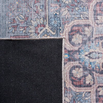 Ivory and Blue Round Washable Viscose Area Rug