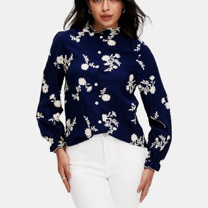 Knit & Lounge Women’s Boho Floral Blouse Long Balloon Sleeves Tassel Tie Neck Relaxed Fit Flowy Top - 1 of 4