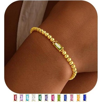 Dainty Birthstone Bracelet for Women - Elastic 14K Gold Plated Bead Bracelets Trendy Friendship Birthday Jewelry Gifts for Women