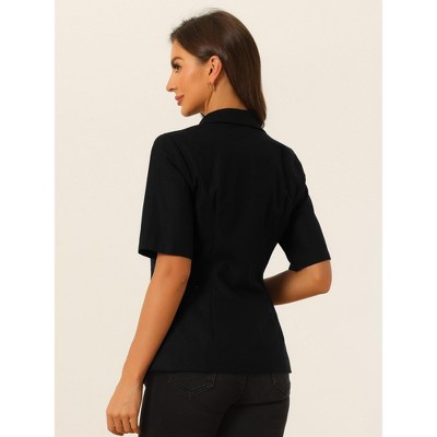 Женские куртки INSPIRE CHIC Women's Cotton Linen Button Office Business Short Sleeve Blazer Jacket Medium Black — фото 5