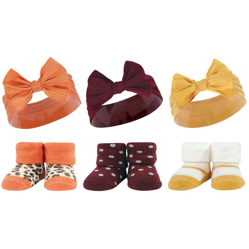 Hudson Baby Infant Girl 12Pc Headband and Socks Giftset, Burgundy Orange Yellow Orange, One Size, 2 of 4