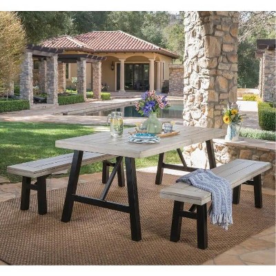 CAVINAS Composite Outdoor Furniture, Acacia Wood Out Door Table and Chairs Weather Resistant with 2 Benches for Patio, Gray