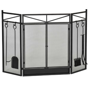HOMCOM 3-Panel Folding Fireplace Screen with Brush, Shovel, Poker, Firewood Tongs, Fire Spark Guard for Wood Burning, Black - 1 of 4