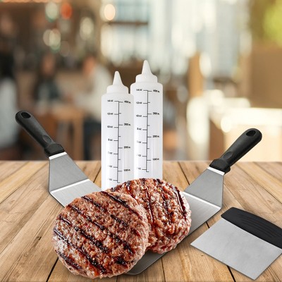 Cheer Collection 5 Piece Stainless Steel Griddle Set – Spatulas, Scraper, and Squeeze Bottles