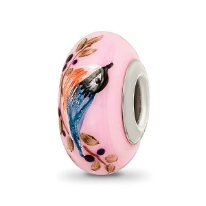 Black Bow Jewelry Fenton Pink Hand Painted Nuthatch Glass & Sterling Silver Bead Charm - 1 of 4