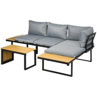 Gray Cushioned Aluminum Outdoor Sectional Set with Woodgrain Table