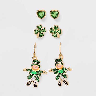 St. Patrick's Day Clover Heart and Leprechaun Drop and Stud Earring Set 3pc - Green