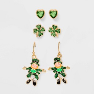 St. Patrick's Day Clover Heart and Leprechaun Drop and Stud Earring Set 3pc - Green - 1 of 3