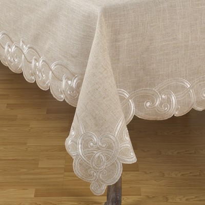 Beige Embroidered Linen Blend Rectangular Tablecloth, 67"x120"