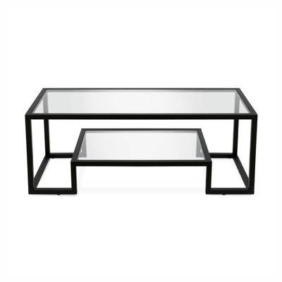 Blackened Bronze Rectangular Glass Coffee Table with Lower Shelf
