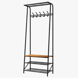 EcoSummer Coat Rack Hall Tree 70×25.2×11.4 Inches Entryway Bench with Shoe Storage, Steel Frame with 5 Hooks, Brown. - 1 of 4