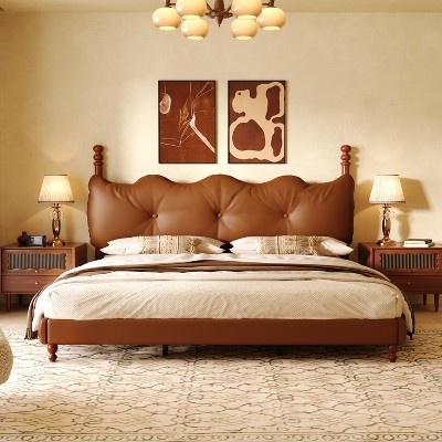 Queen Size Coffee Faux Leather Upholstered Bed with Tufted Headboard
