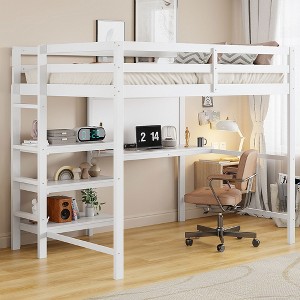Twin Size Wooden Loft Bed with Shelves, Desk, and Writing Board - 1 of 4
