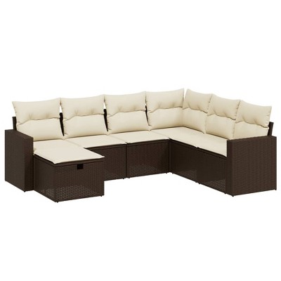 vidaXL 7 Piece Patio Sofa Set with Cushions Brown and Cream Poly Rattan - Without Table