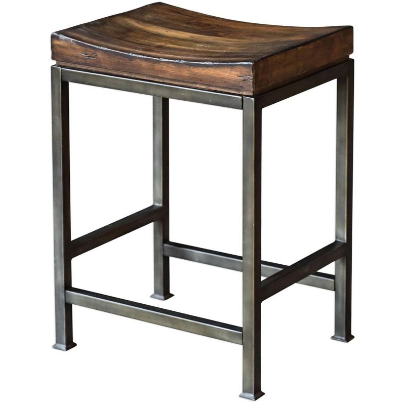 Uttermost Beck 24" High Steel and Dark Walnut Wood Counter Stool, 1 of 2