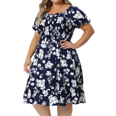 Agnes Orinda Women's Plus Size Trendy Smocked Waist A-line Flowy Chiffon  Midi Sundress Dark Blue 4x : Target