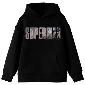 Superman Hero In Text Art Long Sleeve Black Youth Hooded Sweatshirt