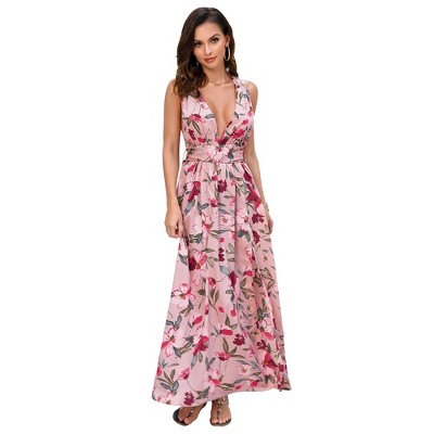 Clearlove Women's Sleeveless V Neck Dress Criss Cross Tie Back Split High Cross Hem Maxi Dress