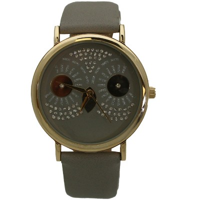 OLIVIA PRATT DAZZLING OWL FACE LEATHER STRAP WATCH