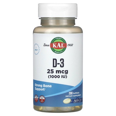 KAL Vitamin D3 1000 IU Softgels (25 mcg), Active Form of Vitamin D, Calcium Absorption, Bone Health, Immune Support Supplement, Liquid Filled