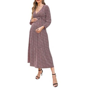 Coolmee Women's Summer Floral Maxi Dress Casual Wrap V Neck Long Sleeve Tie Waist Ruffle Boho Flowy Long Dresses - 1 of 4