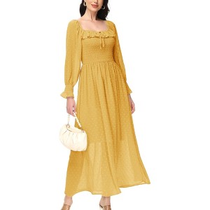 Anna-Kaci Women's Smocked Long Sleeve Swiss Dot Lined Maxi Tie Neck Square Detail Dress - 1 of 4