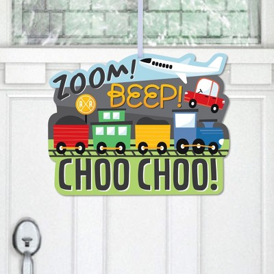 Big Dot of Happiness Cars, Trains, and Airplanes - Hanging Porch  Transportation Birthday Party Outdoor Decorations - Front Door Decor - 1  Piece Sign