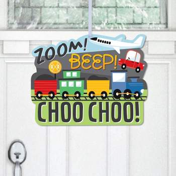 Big Dot of Happiness Cars, Trains, and Airplanes - Hanging Porch Transportation Birthday Party Outdoor Decorations - Front Door Decor - 1 Piece Sign