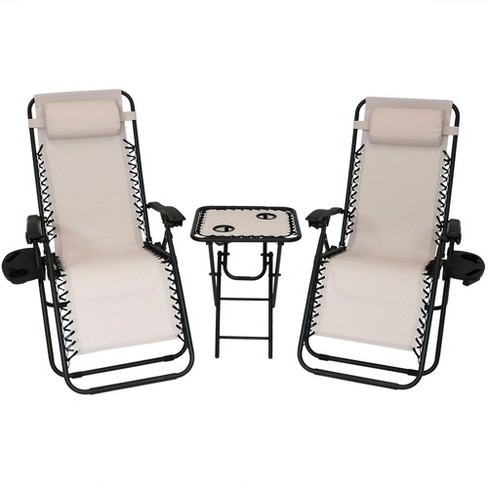 Zero Gravity Lounge Chairs And Table With Cup Holders Set Beige Sunnydaze Decor