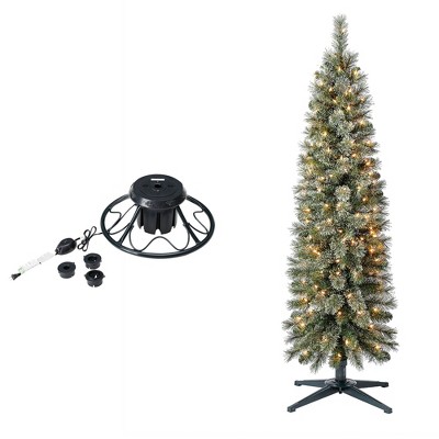 Home Heritage 1-1.75" Artificial Christmas Tree Base Rotating Metal Stand with Stanley 5' Skinny Pencil 150 Pre-Lit Lights Artificial Christmas Tree