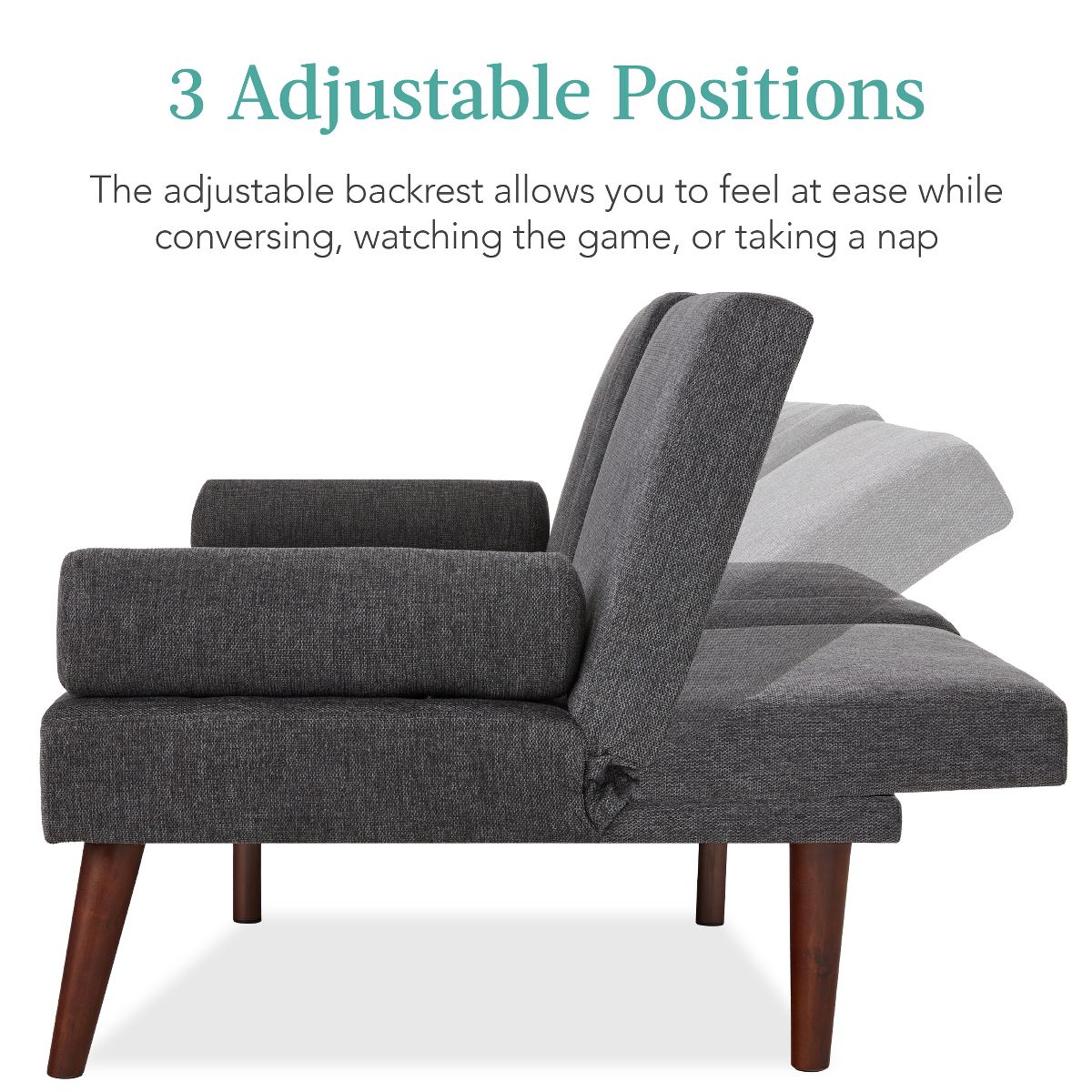 Best Choice Products Fabric Upholstered Convertible Futon w/ Rounded Armrests, Wooden Legs, 2 Cupholders - Black - thumbnail 10