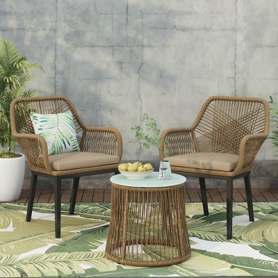 Coolbibila 3 Piece Modern Patio Chairs And Side Table,Outdoor Polyethylene Rattan Patio Chairs,Fabric Upholstered Patio Arm Chairs