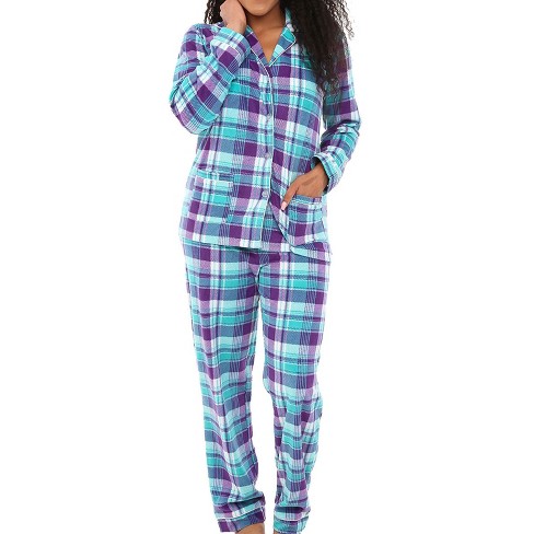 ADR Women's Plush Fleece Pajamas Set, Button Down Winter PJ Set Purple and  Teal Plaid Small