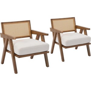 Mid-Century Farmhouse Accent Chair - Wood Armchair with Rattan Backrest & Removable Linen Cushion for Living Room, Bedroom - 1 of 4