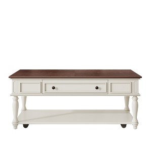 Luxystar Farmhouse Coffee Table with One Drawer, Lockable Wheels and Solid Wood Legs for Living Room, Walnut+White - 1 of 4