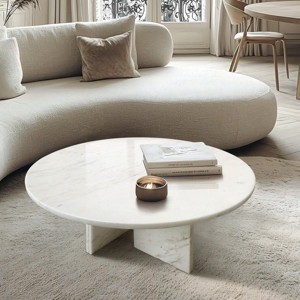 27.6" Natural Marble Coffee Table,Round Small Table with Unique Stone Veining,Genuine Marble Living Room Accent Table-Cuddlewood - 1 of 4