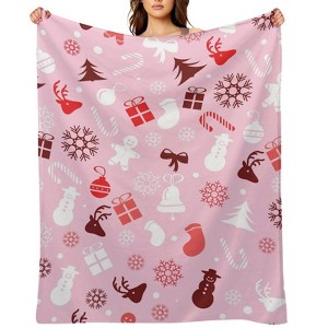 FIONECA Christmas Blanket with Reindeer Snowman Candy Cane Gift and Christmas Stocking Pattern Pink Background 50x60 inches - 1 of 4