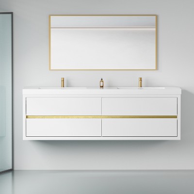 Bencmate Bathroom Storage Cabinets, Wall-Mounted Bathroom Vanity with Double Sinks, Floating Bathroom Storage Cabinet, White, 70.87"*19.69"*22.44"