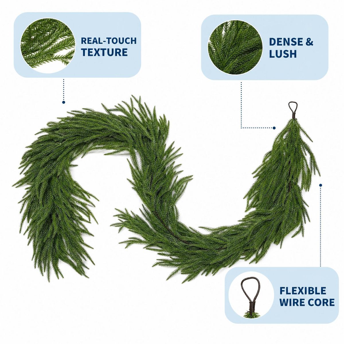 Realistic Norfolk Pine Christmas Garland – Natural Holiday Decor for Mantel, Door & Staircase – Superior Xmas Fireplace Garland - thumbnail 3