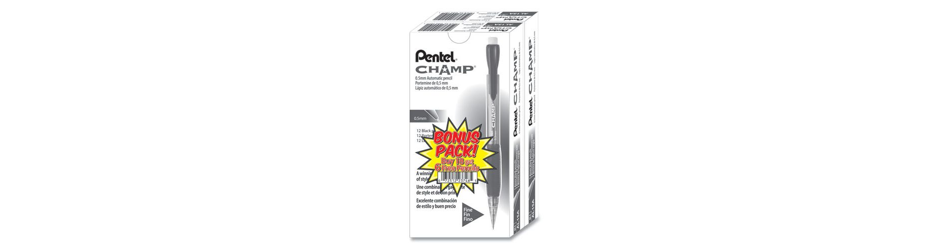 Pentel Champ Mechanical Pencil Value Pack, 0.5 mm, HB (#2), Black Lead, Clear/Black Barrel, 24/Pack