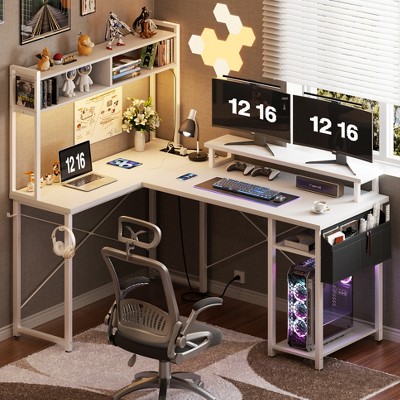 Aheaplus L Shaped Desk with Charging Staion and LED Light, Corner Computer Desk with Hutch and Monitor Stand