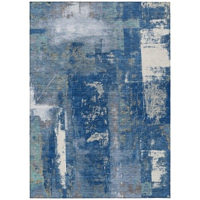 Navy Blue And Ivory Abstract Washable Indoor Outdoor Area Rug